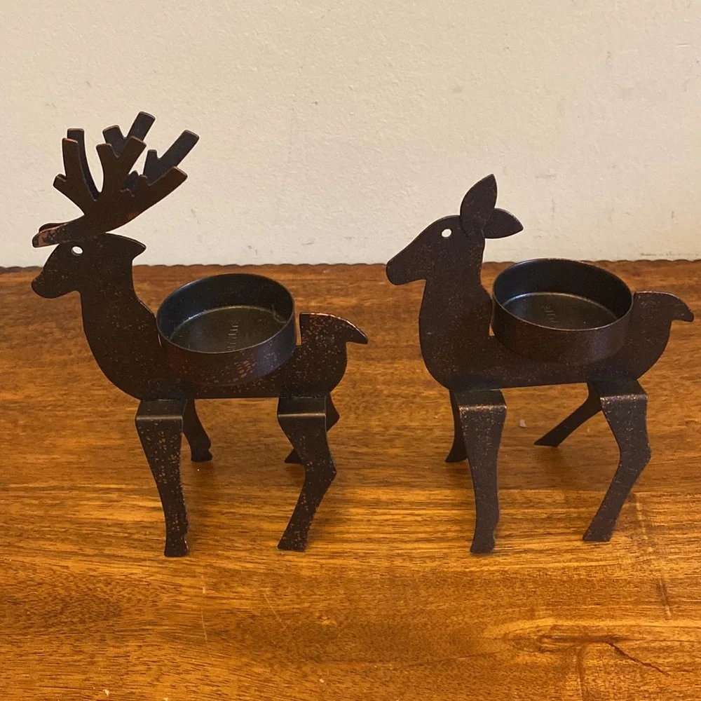 Vintage PartyLite Metal Deer Candle Holders Pair Bronze Buck & Doe Set